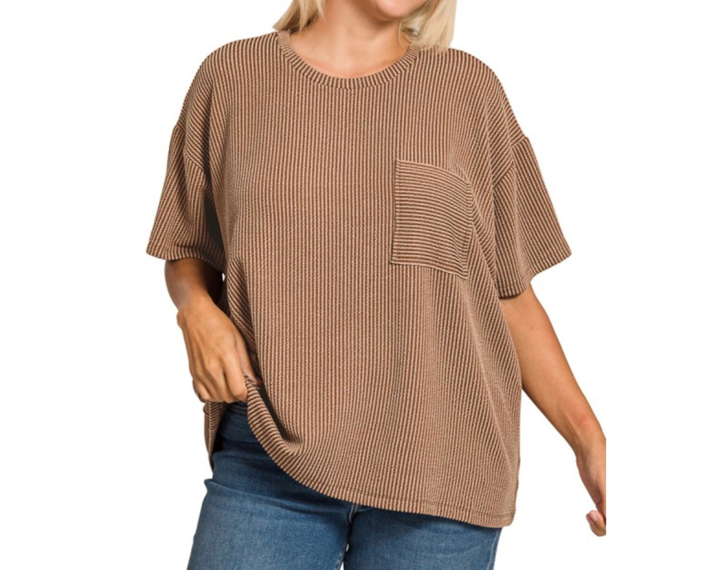 Raised Rib Plus Size Short Sleeve Front Pocket Top