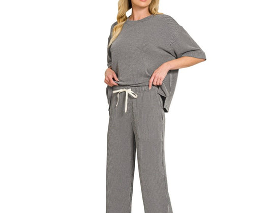 Raised Ribbed Plus Size Short Sleeve Tee & Pants Set