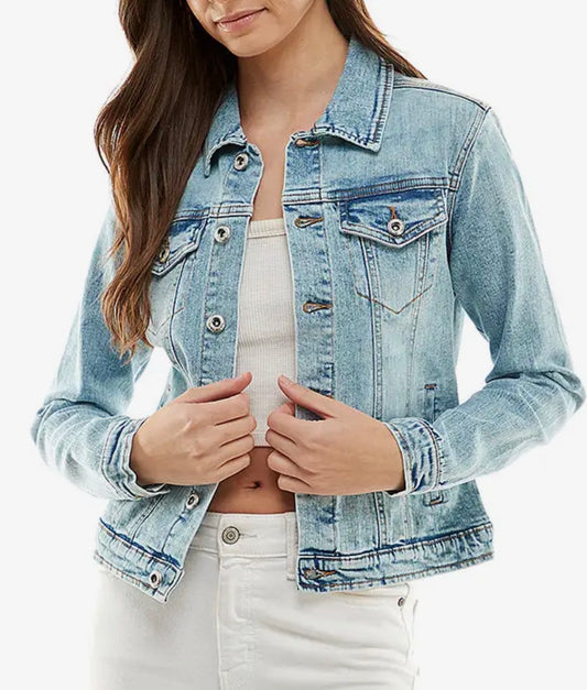 Cotton Blend Stretched Casual Denim Jacket