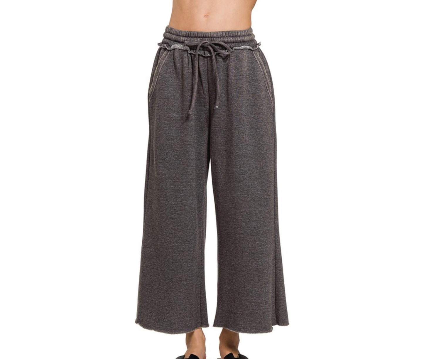 Acid Wash Fleece Palazo Sweatpants With Pockets
