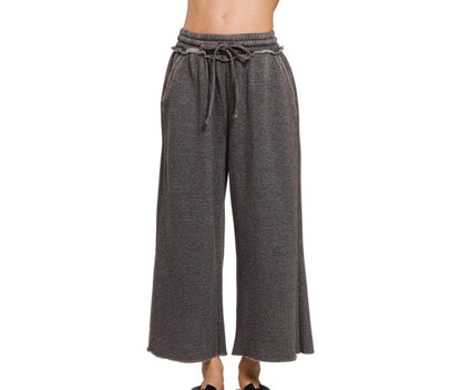Acid Wash Fleece Palazo Sweatpants With Pockets