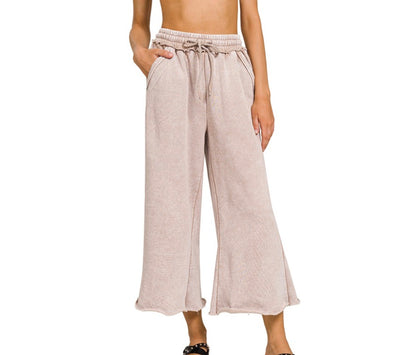 Acid Wash Fleece Palazo Sweatpants With Pockets