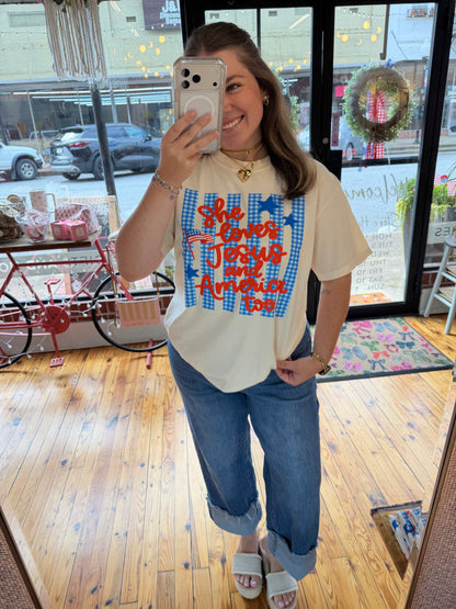 💙♥️🇺🇸She Loves Jesus Shirt and America Too Graphic Tee(S-3X)