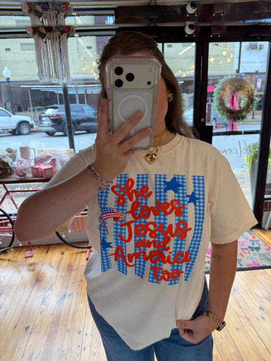 💙♥️🇺🇸She Loves Jesus Shirt and America Too Graphic Tee(S-3X)
