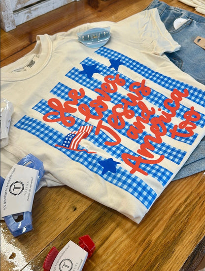 💙♥️🇺🇸She Loves Jesus Shirt and America Too Graphic Tee(S-3X)