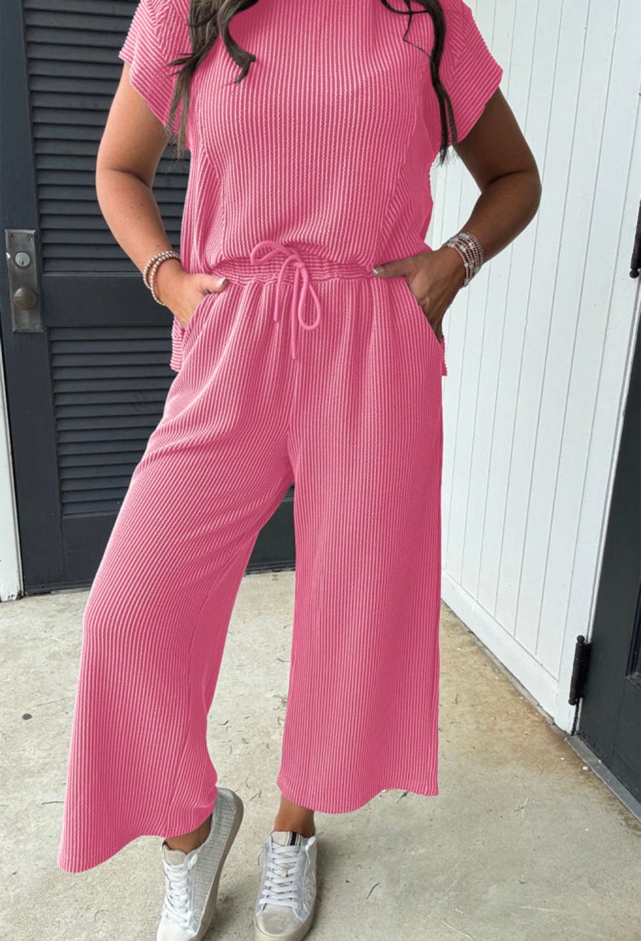 Corded Knit Short Sleeve Pants Set