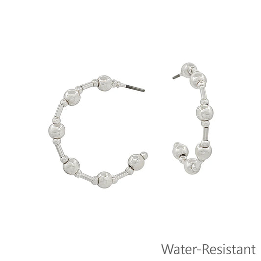 Water Resistant Silver Beaded Hoop Earrings