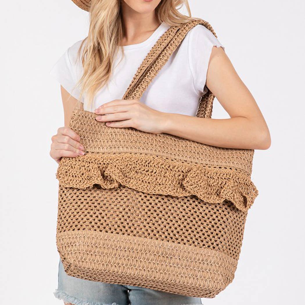 RUFFLE DETAIL CROCHET STRAW BAG