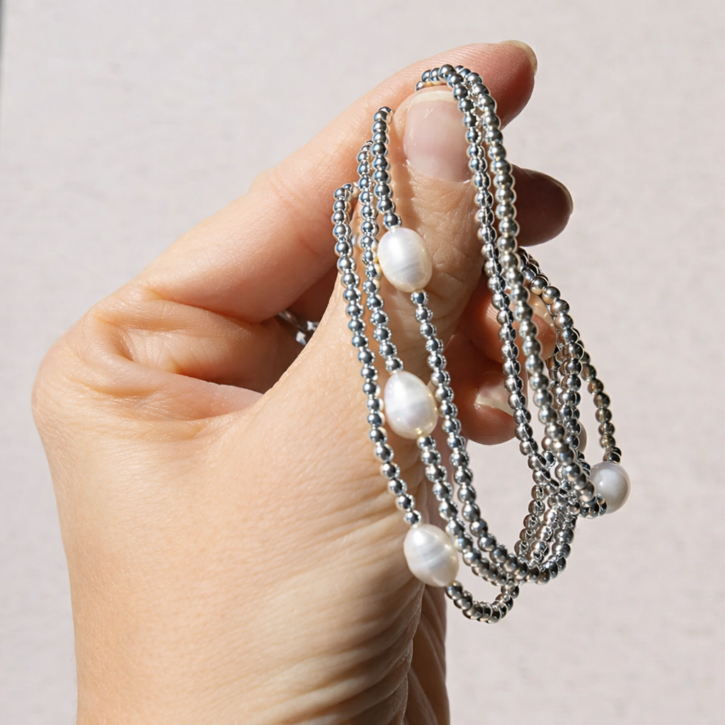 Uno Silver Plated Beaded Stretch Bracelet with Pearl