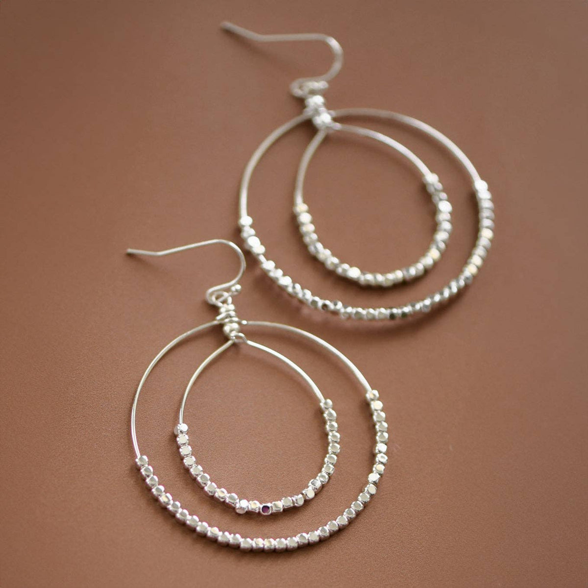 Silver Beaded Double Circle Drop Earrings - 5806