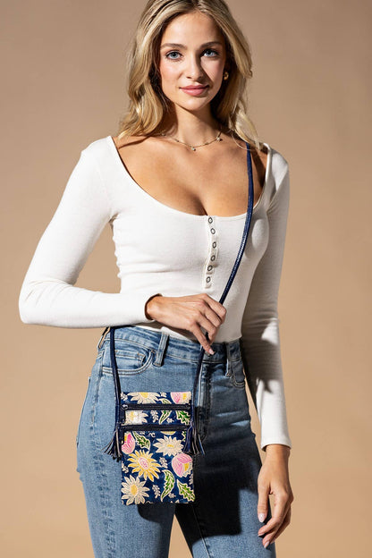 Navy Hand-painted Genuine Leather Cellphone Bag