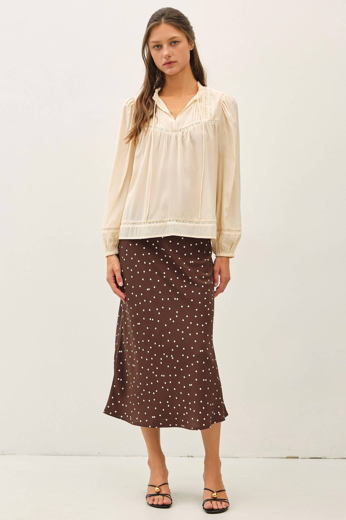 RUFFLED V-NECK SILKY PEASANT BLOUSE