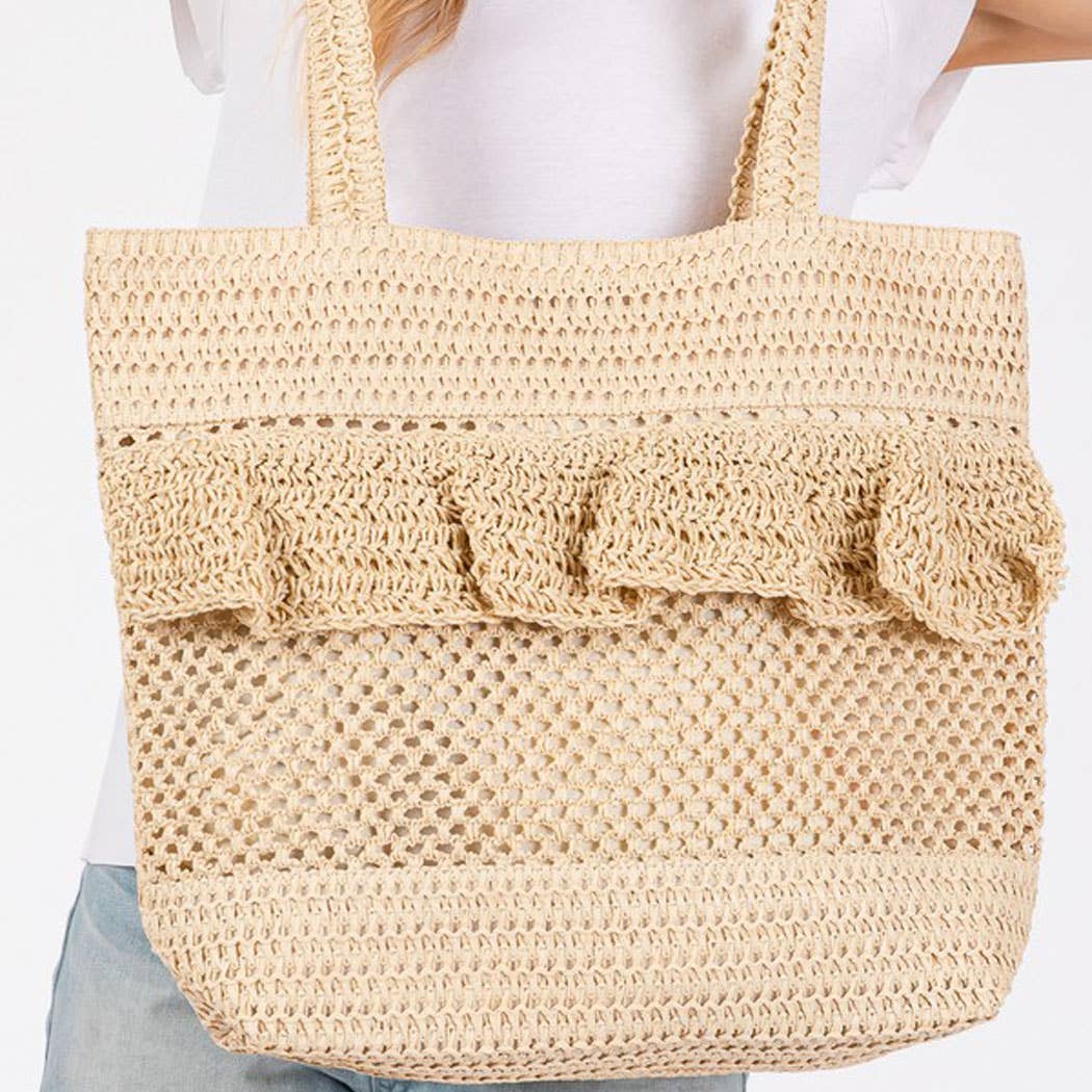 RUFFLE DETAIL CROCHET STRAW BAG