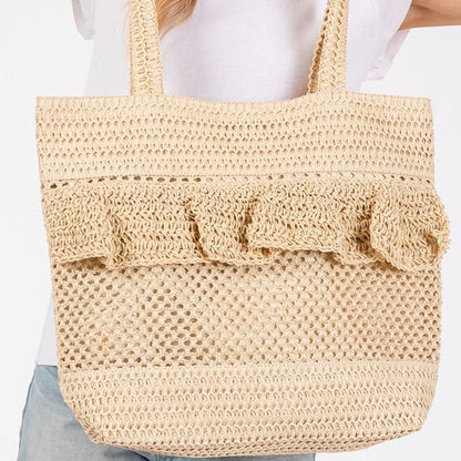 RUFFLE DETAIL CROCHET STRAW BAG