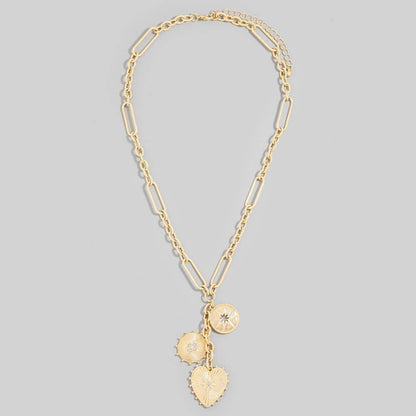 Intricate Heart And Coin Pendants Chain Necklace