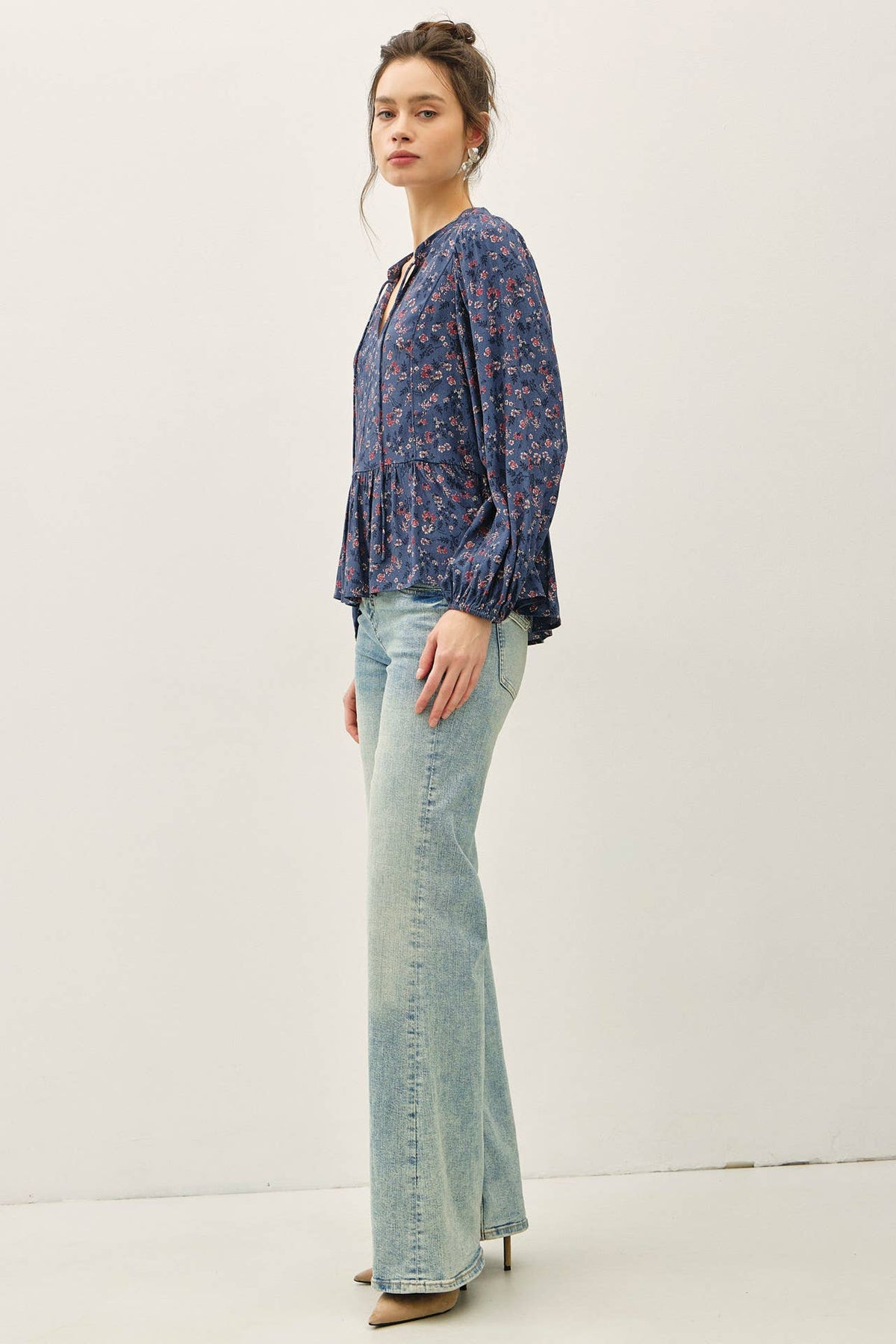 FLORAL PRINT V-NECK CHIFFON BLOUSE TOP