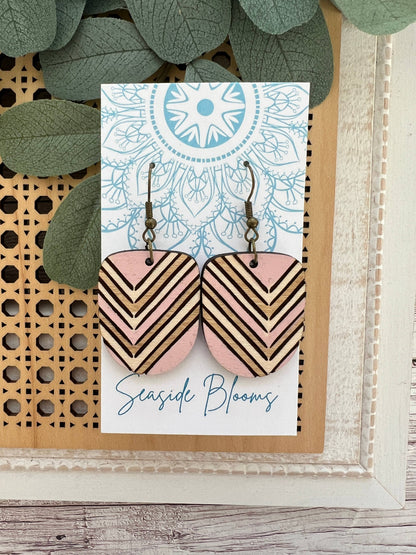 Boho pink hand painted lightweight wood earrings 