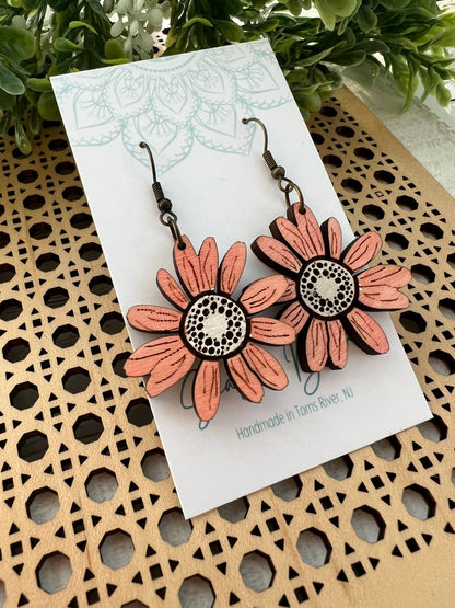 Blush pink daisy hand painted wood earring