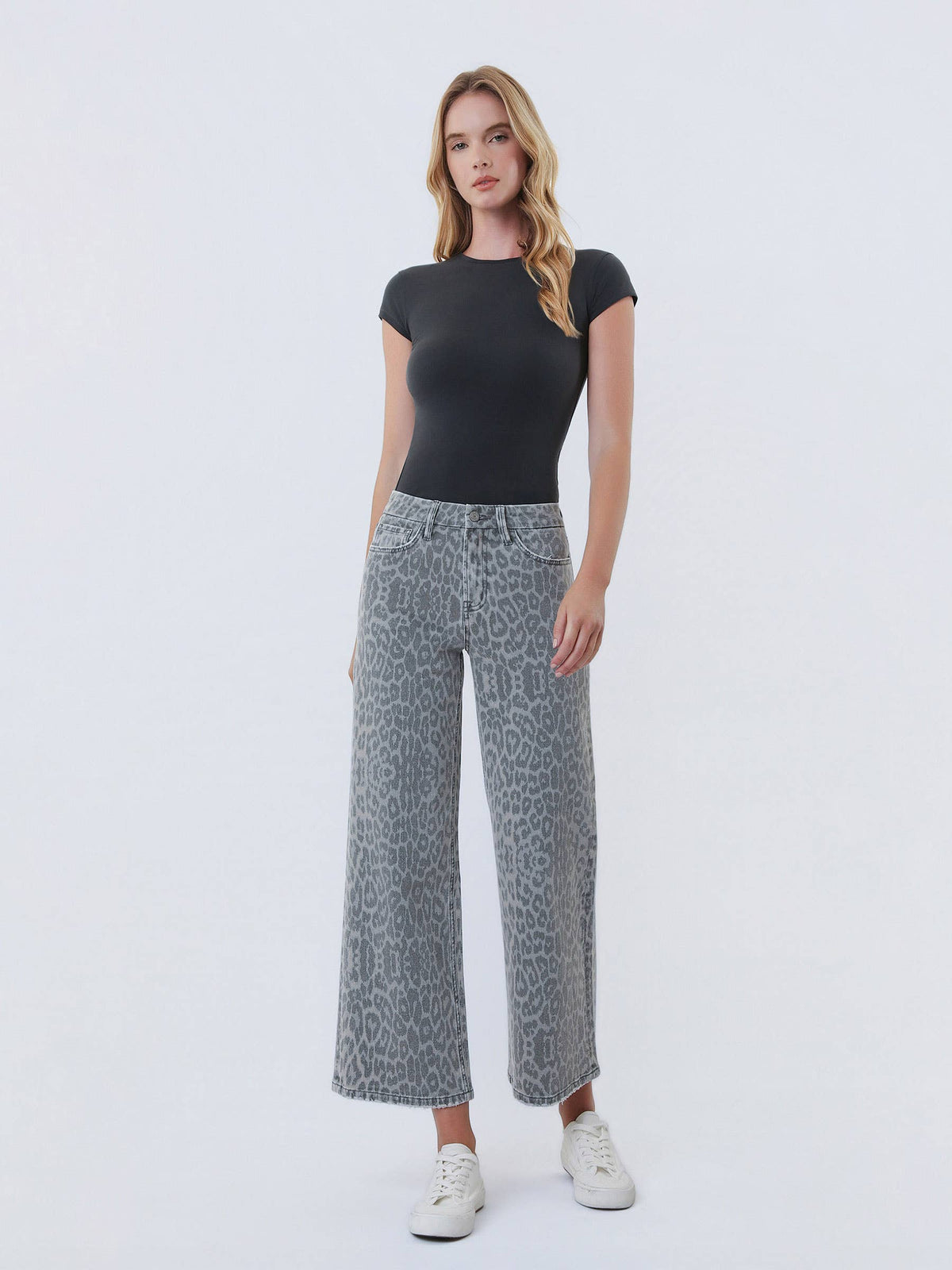 HIGH RISE GREY LEOPARD PRINT CROP WIDE LEG JEANS T7331GLP