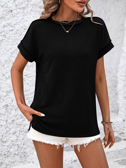 Crew Neck Exposed Seam Twist Detail Short Sleeve Loose Top