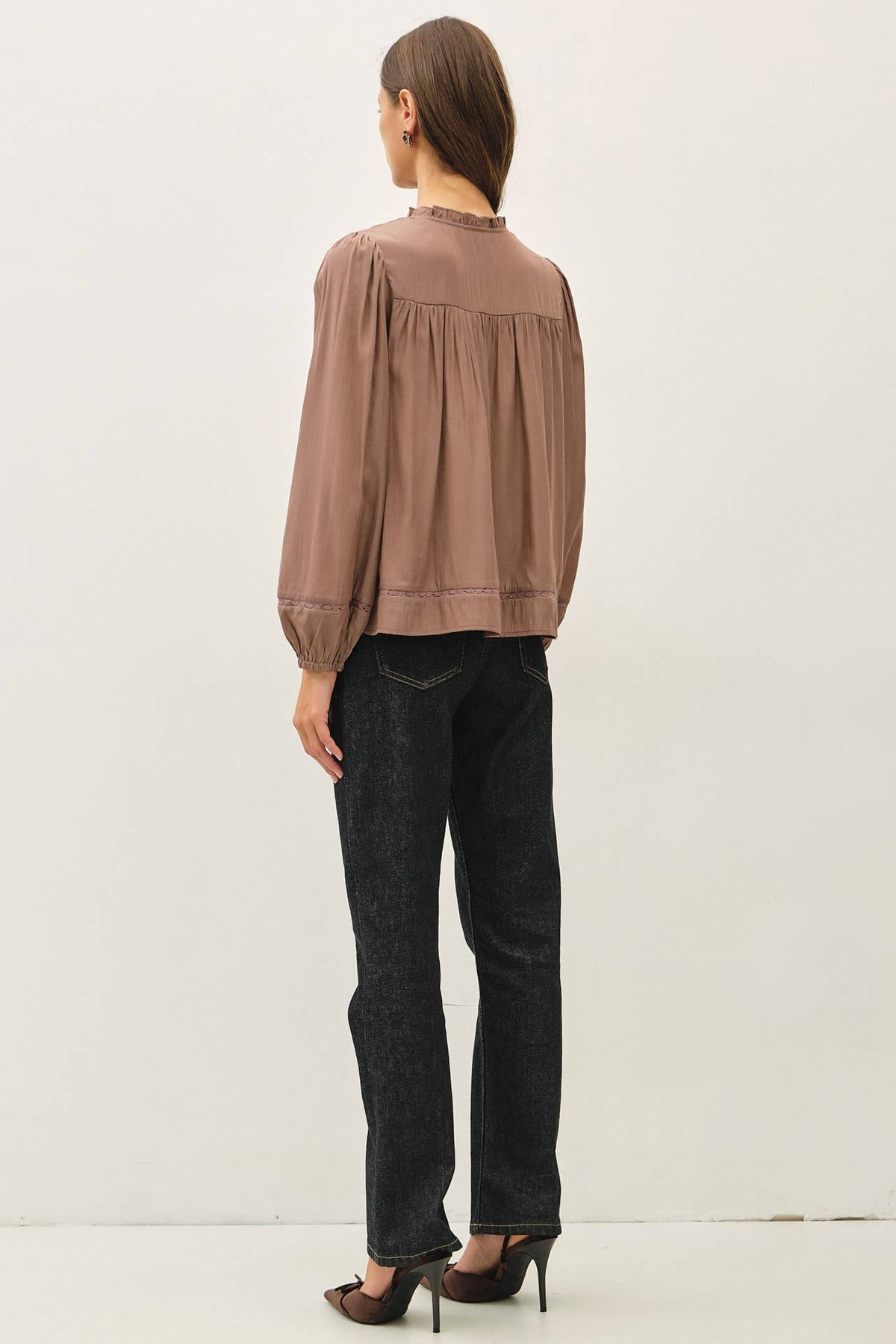 RUFFLED V-NECK SILKY PEASANT BLOUSE