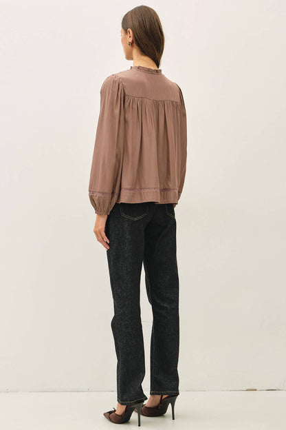 RUFFLED V-NECK SILKY PEASANT BLOUSE