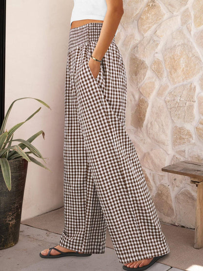 Gingham Smocked Waist Wide Leg Pants with Pockets