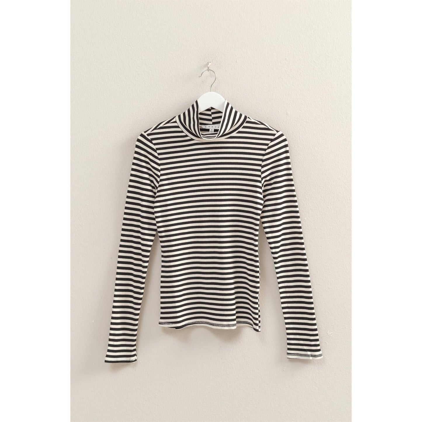 Black/White Striped Turtleneck Fitted Knit Top (S-L)