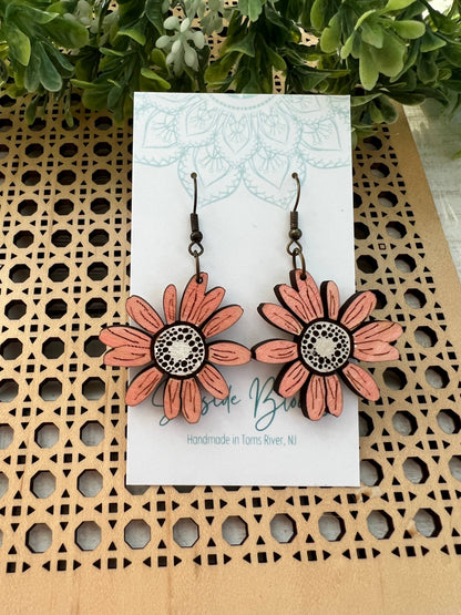 Blush pink daisy hand painted wood earring