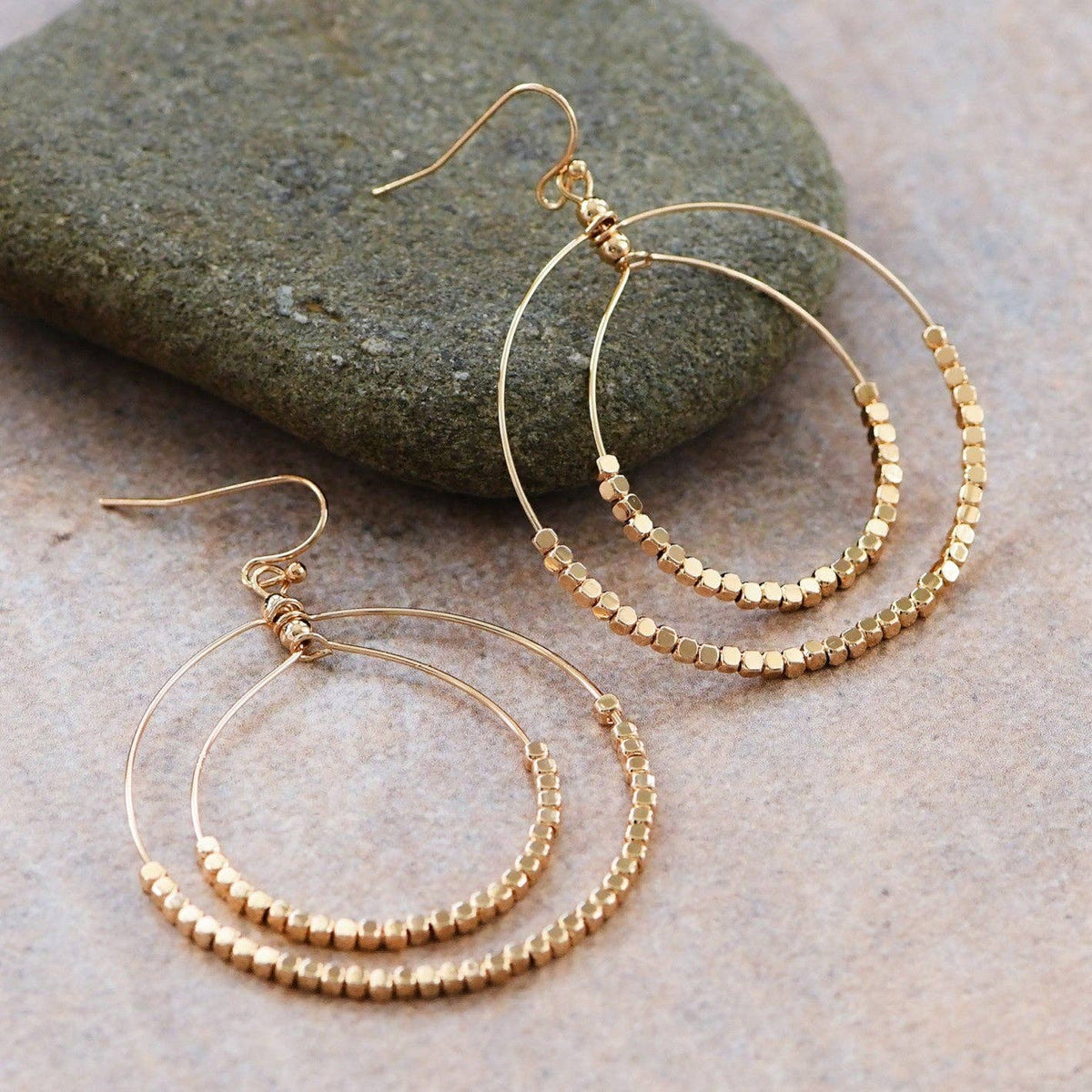 Gold Beaded Double Circle Drop Earrings - 5861