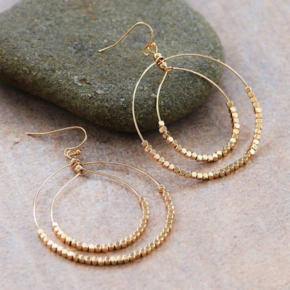 Gold Beaded Double Circle Drop Earrings - 5861