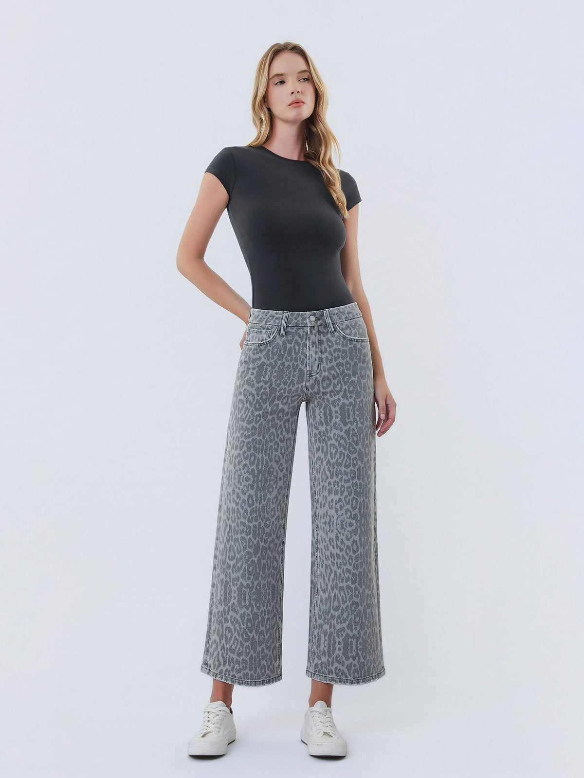 HIGH RISE GREY LEOPARD PRINT CROP WIDE LEG JEANS T7331GLP