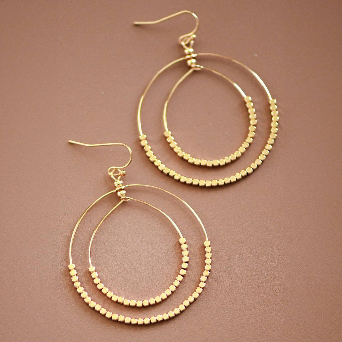 Gold Beaded Double Circle Drop Earrings - 5861