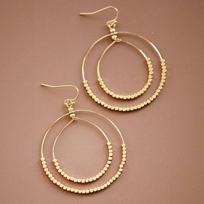 Gold Beaded Double Circle Drop Earrings - 5861