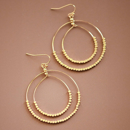 Gold Beaded Double Circle Drop Earrings - 5861