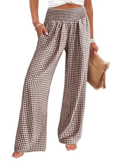 Gingham Smocked Waist Wide Leg Pants with Pockets