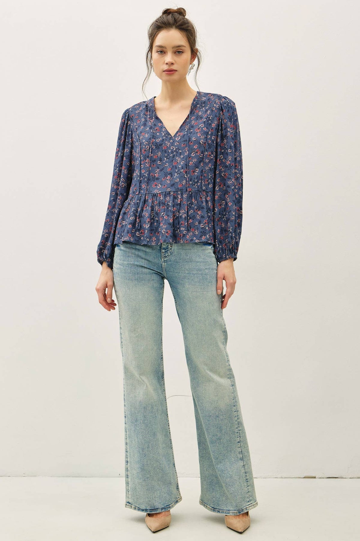 FLORAL PRINT V-NECK CHIFFON BLOUSE TOP