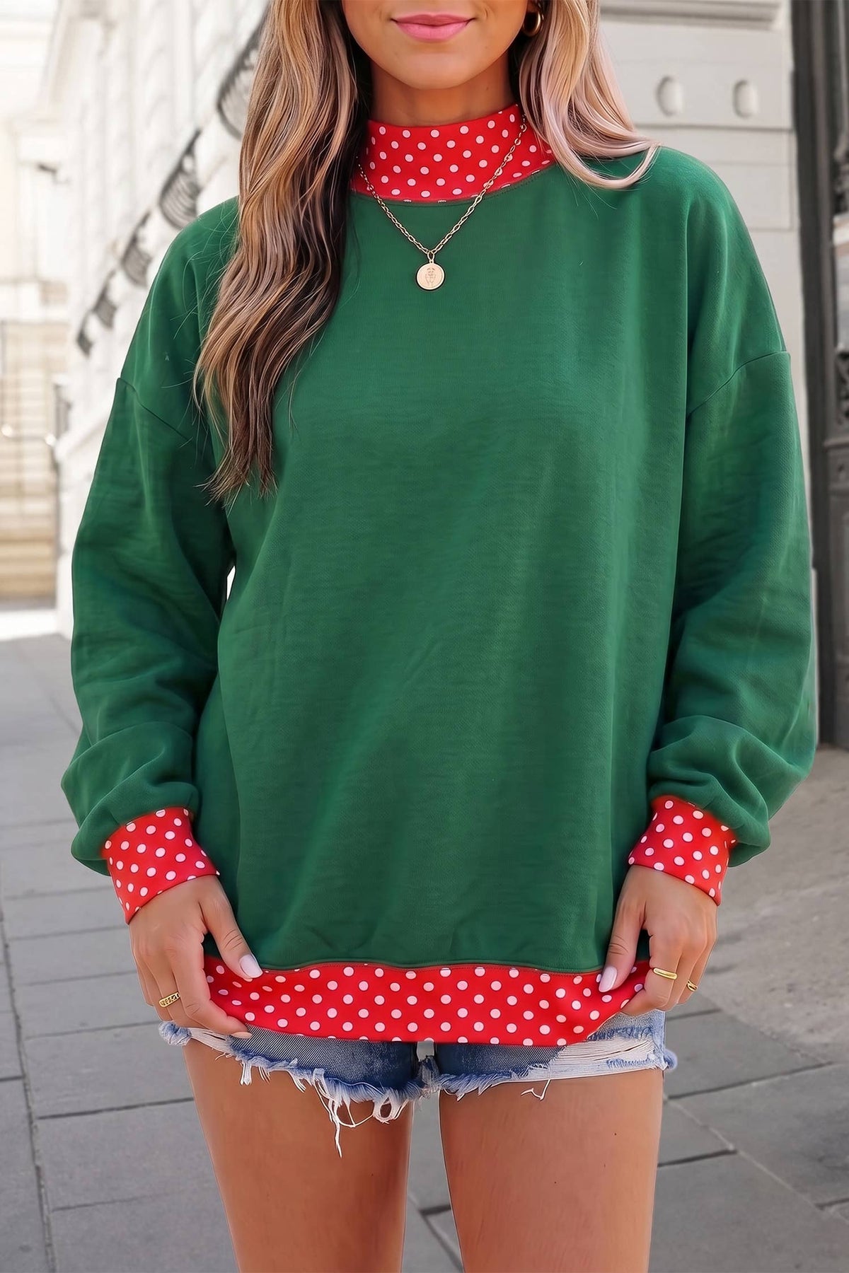 Georgia Polka Dot Trim Mockneck Sweatshirt | S-XL