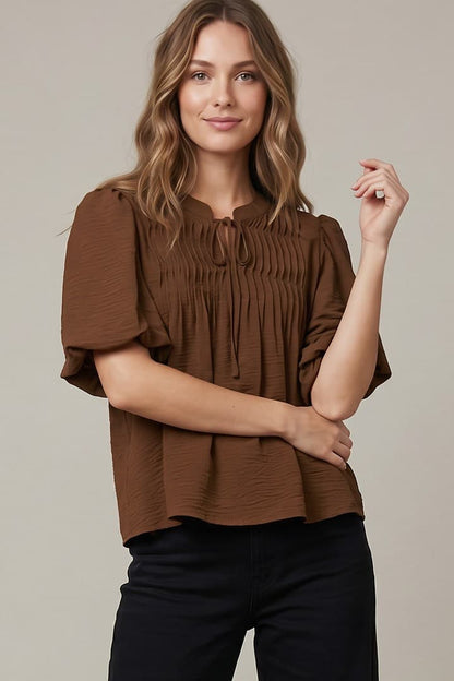 Puff Sleeve Pintuck Detail Woven Top(2 Colors)