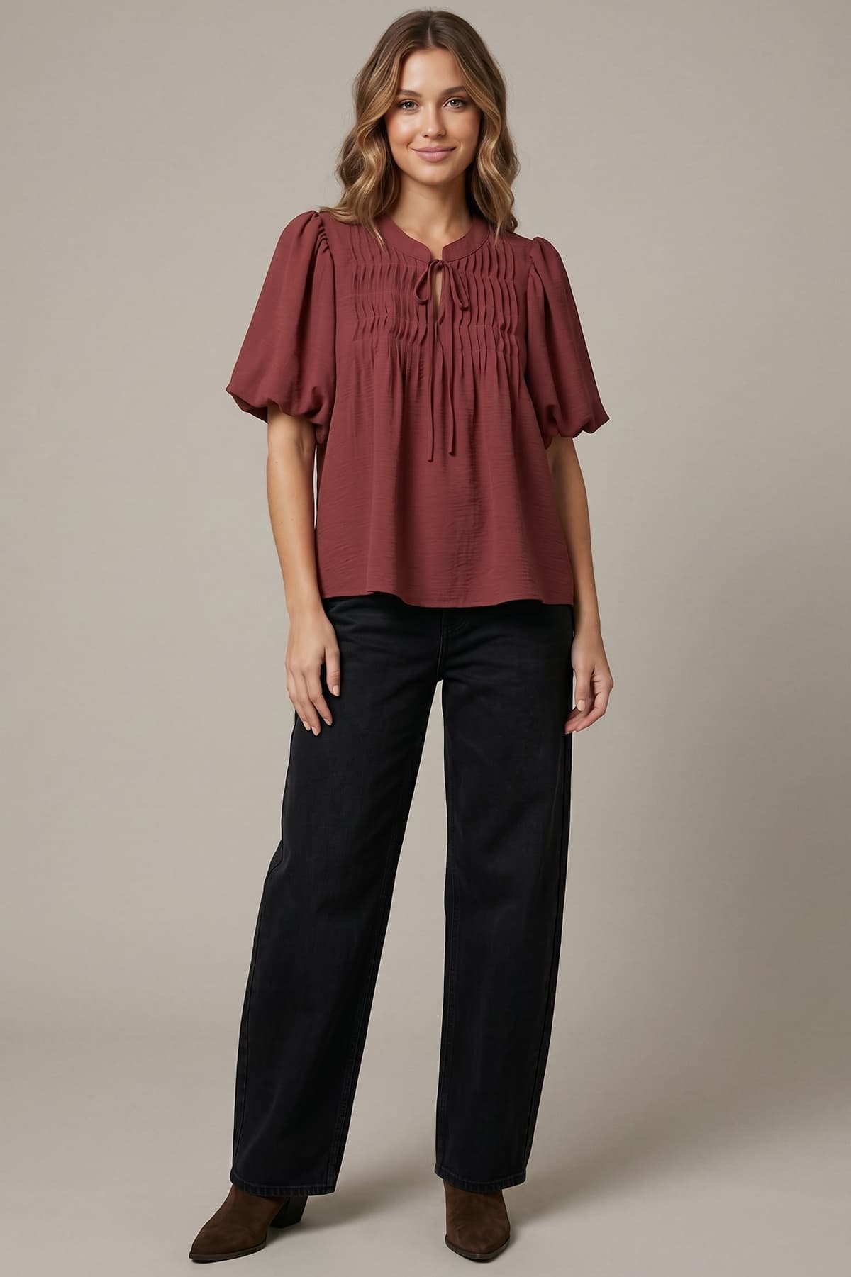 Puff Sleeve Pintuck Detail Woven Top(2 Colors)
