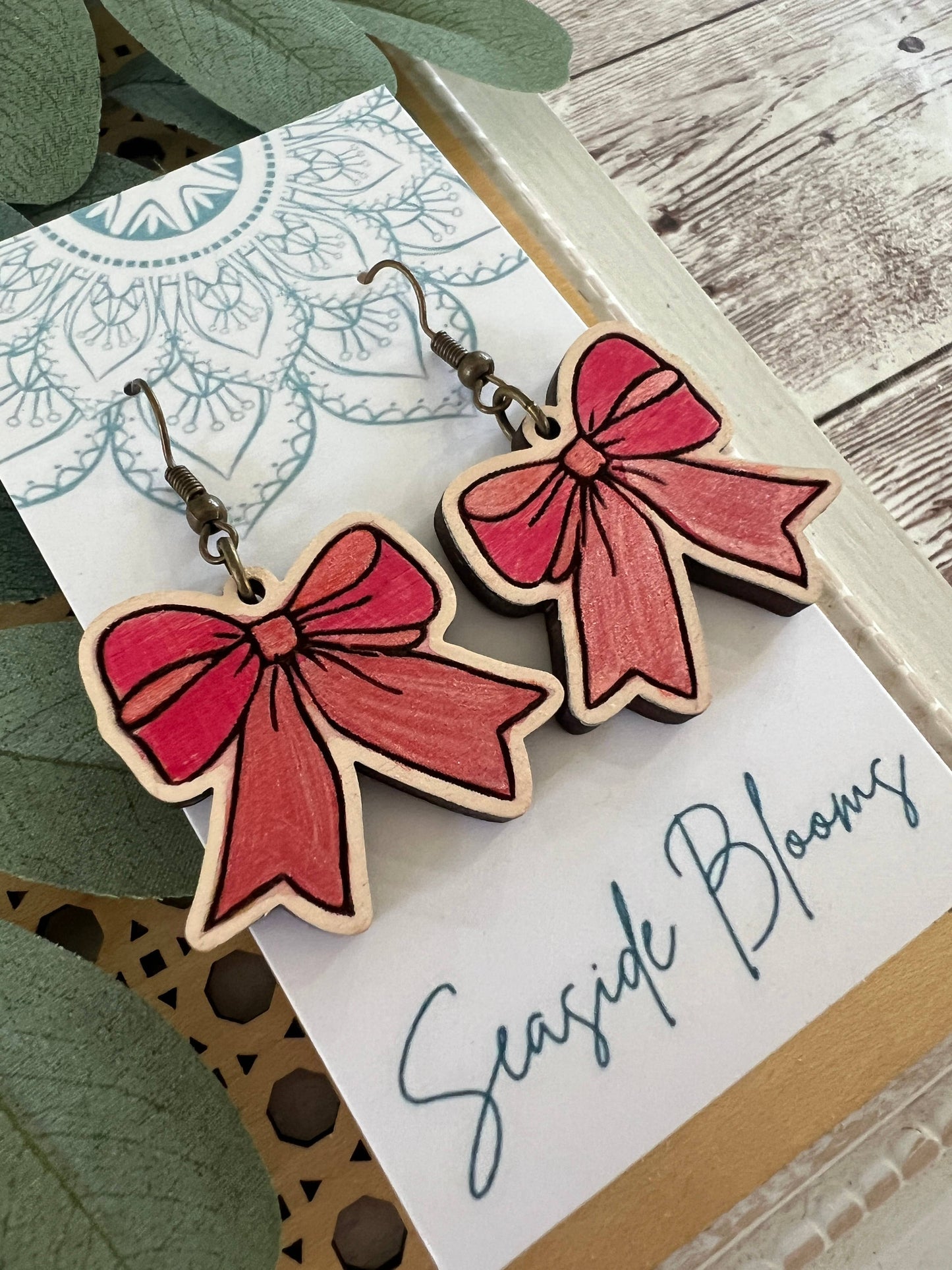 Bow hand painted lightweight maple wood bow earrings