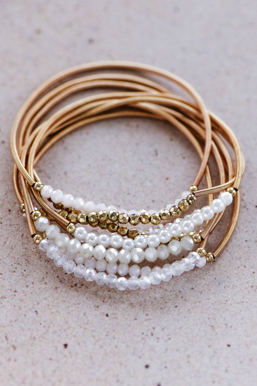 Boho Layered Spring Coil Guitar String White Bracelet Set - 6961