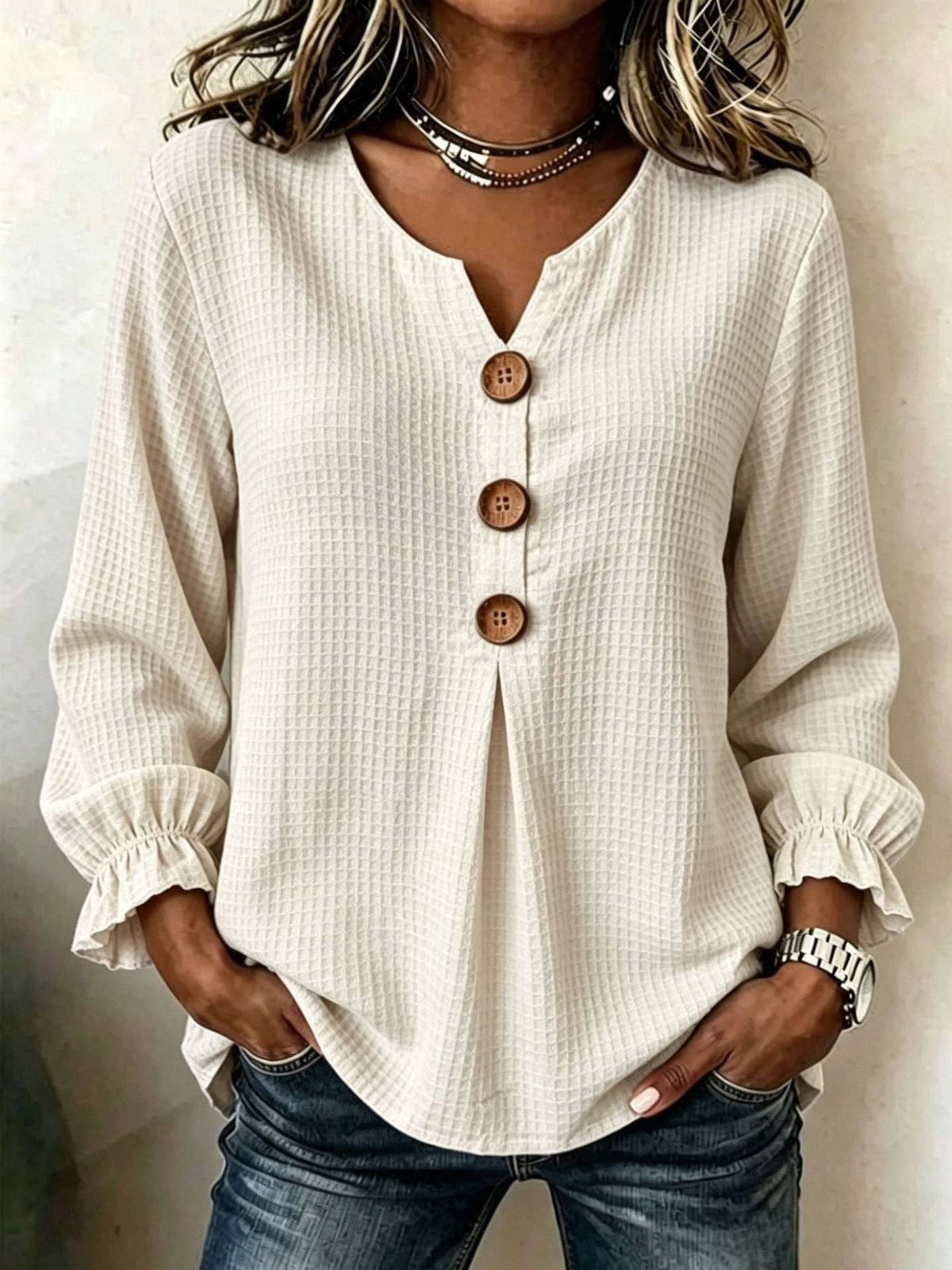Women's Waffle Knit V Neck Top