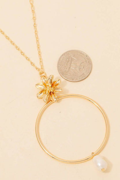 Flower Pearl And Large Hoop Pendant Layered Necklace Set