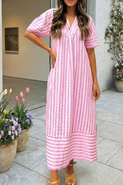 🩷Stripe V-Neck Short Sleeve Long Dress (S-XL)