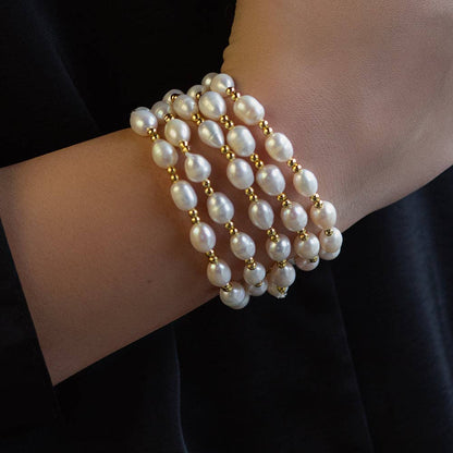 Tarnish Resistant Pearl & Gold Duo Beaded Stretch Bracelet